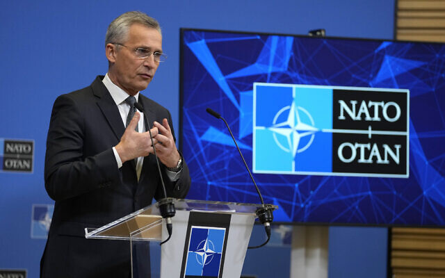 NATO Secretary General Jens Stoltenberg speaks during a media conference at NATO headquarters in Brussels, February 24, 2022. (AP Photo/Virginia Mayo)