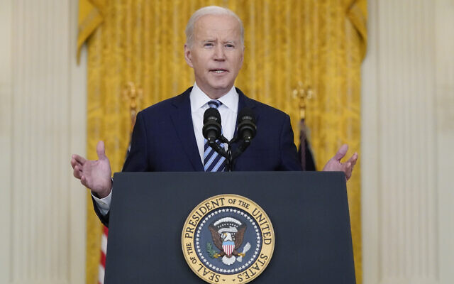 US President Joe Biden speaks about the Russian invasion of Ukraine in the East Room of the White House, Feb. 24, 2022, in Washington. (AP Photo/Alex Brandon)