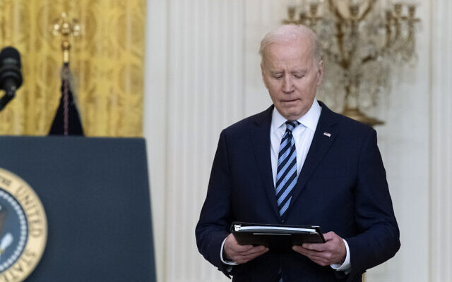 US President Joe Biden arrives to speak about the Russian invasion of Ukraine in the East Room of the White House, on Thursday, February 24, 2022, in Washington, DC. (AP Photo/Alex Brandon)