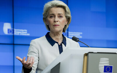 European Commission President Ursula von der Leyen speaks during a media conference after an extraordinary EU summit on Ukraine in Brussels, on February 25, 2022. (Olivier Hoslet, Pool Photo via AP)