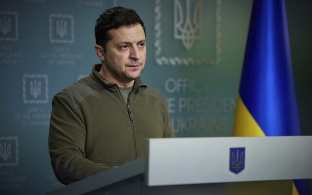 In this photo provided by the Ukrainian Presidential Press Office, Ukrainian President Volodymyr Zelensky delivers his speech addressing the nation in Kyiv, Ukraine, on February 25, 2022. (Ukrainian Presidential Press Office via AP)