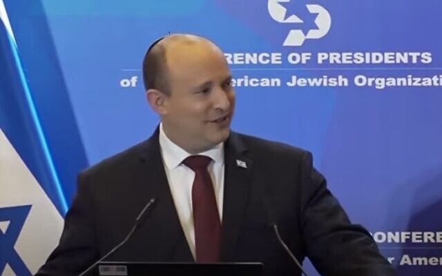 Prime Minister Naftali Bennett addresses the Conference of Presidents meeting in Jerusalem on February 20, 2022. (Screenshot)