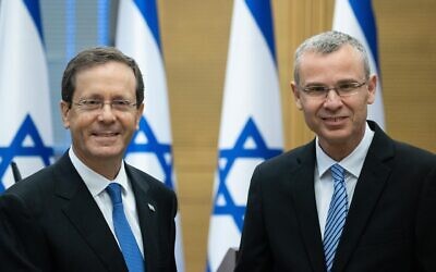 Isaac Herzog and Yariv Levin at the Knesset in Jerusalem, June 2, 2021. (Yonatan Sindel/Flash90)