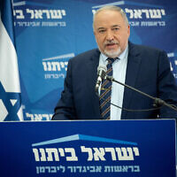 Finance Minister Avigdor Liberman speaks during a Yisrael Beytenu faction meeting at the Knesset on January 31, 2022. (Yonatan Sindel/Flash90)