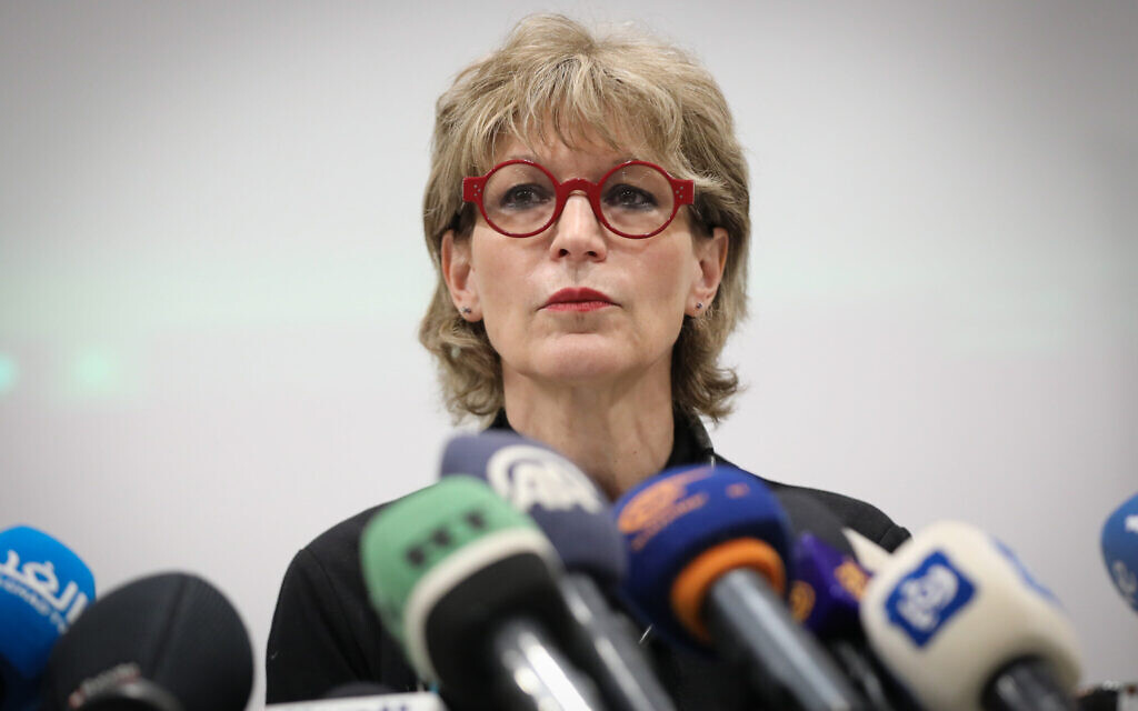 Agnes Callamard, the secretary general of Amnesty International, speaks during a press conference in Jerusalem, on February 1, 2022. In a report she presented, Amnesty International labels Israel an "apartheid" state that treats Palestinians as "an inferior racial group." (Flash90)