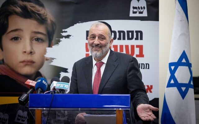Shas party leader Aryeh Deri announces he will not be leaving public life, a day after he was sentenced for tax offenses, during a press conference at the Knesset, in Jerusalem, on February 2, 2022. (Yonatan Sindel/Flash90)