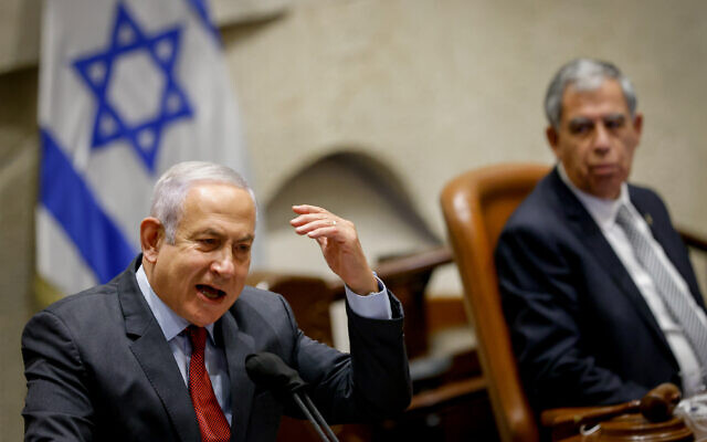 Opposition leader Benjamin Netanyahu speaks during a Knesset plenum session on February 7, 2022. (Olivier Fitoussi/Flash90)
