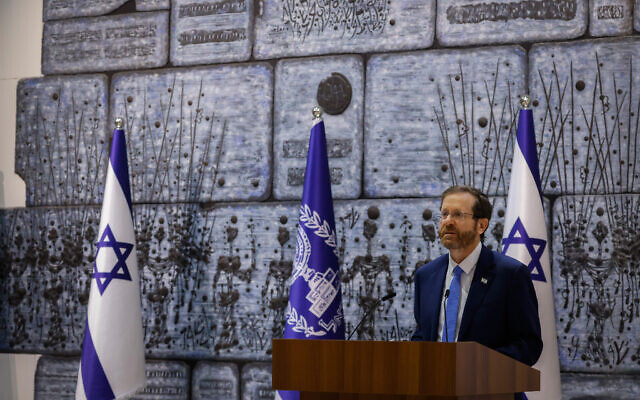 President Isaac Herzog speaks during a ceremony announcing the winners of the Wolf Foundation award, at the President's Residence in Jerusalem, on February 8, 2022. (Olivier Fitoussi/Flash90)