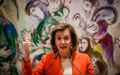 US Speaker of the House Nancy Pelosi at the Knesset in Jerusalem, February 16, 2022 (Oliver Fitoussi/Flash90)