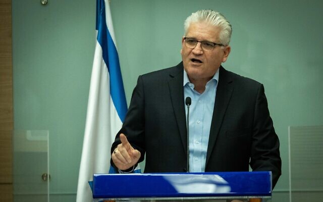 Minister Eli Avidar speaks during a press conference at the Knesset, the Israeli parliament in Jerusalem, on February 22, 2022 (Yonatan Sindel/Flash90)