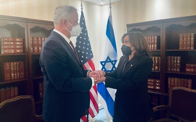 Defense Minister Benny Gantz meets with US Vice President Kamala Harris during the Munich Security Conference, on February 19, 2022.  (Courtesy/Defense Ministry)