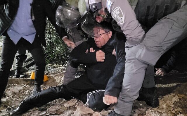 MK Itamar Ben Gvir faints after clashing with officers in East Jerusalem neighborhood of Sheikh Jarrah, February 13, 2022. (Courtesy/Otzma Yehudit)