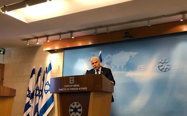 Foreign Minister Yair Lapid makes a public statement on the Russia-Ukraine crisis at the Foreign Ministry in Jerusalem on February 24, 2022. (Lazar Berman)