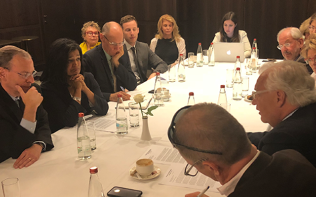 Rep. Pramila Jayapal (second from left) and US Ambassador to Israel David Friedman (second from right) are seen during a meeting at the David Citadel Hotel on May 30, 2018. (J Street)