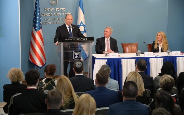 Prime Minister Naftali Bennett addresses a delegation of Republican lawmakers, led by House Minority Leader Kevin McCarthy (center), in Jerusalem, on February 21, 2022. (Amos Ben-Gershom/GPO)