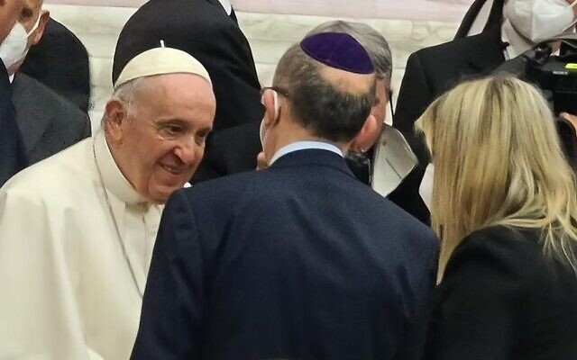 Pope Francis meets with members of the Board of Deputies of British Jews at the Vatican on February 16, 2022. (Courtesy)