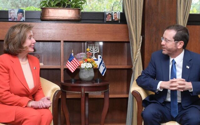 Speaker of the House Nancy Pelosi and President Isaac Herzog in Jerusalem on February 16, 2022. (Amos Ben-Gershom/GPO)