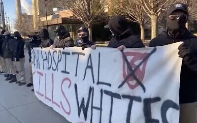 A group of neo-Nazis protest outside Brigham and Women’s Hospital in Boston, Massachusetts, January 22, 2022. (Screen capture: Twitter)