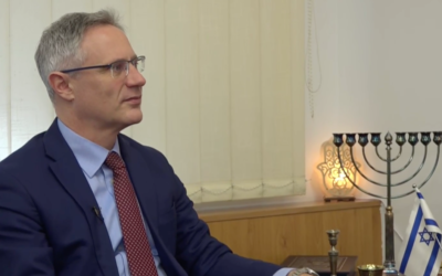 Israel Ambassador to Ukraine Michael Brodsky is interviewed at his office in Kyiv, on February 16, 2022. (Screenshot, Ynet)