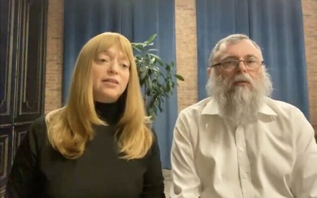Rabbi Jonathan Markovitch and his wife, Inna, Chabad emissaries in Kyiv, Ukraine, speak to journalists in Israel through Zoom on February 24, 2022. (Screen capture)