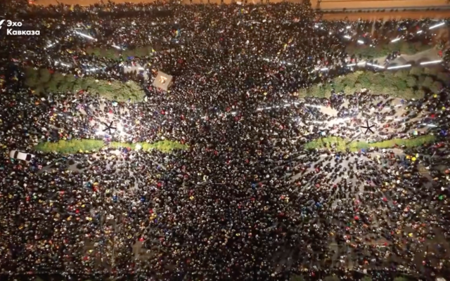 Thousands rally in Tbilisi, Georgia in solidarity with Ukraine on February 25, 2022. (Screen capture/Twitter)