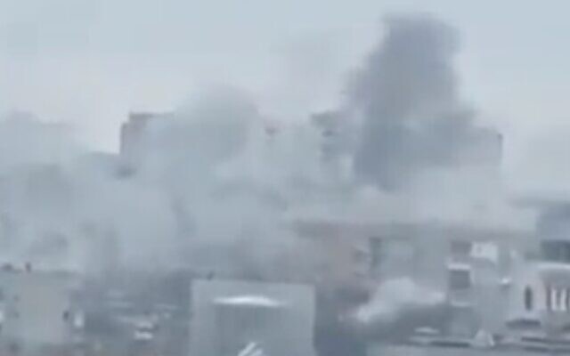Smoke rises as shells land in Kharkiv during a Russian attack on February 28 (Screencapture/Twitter