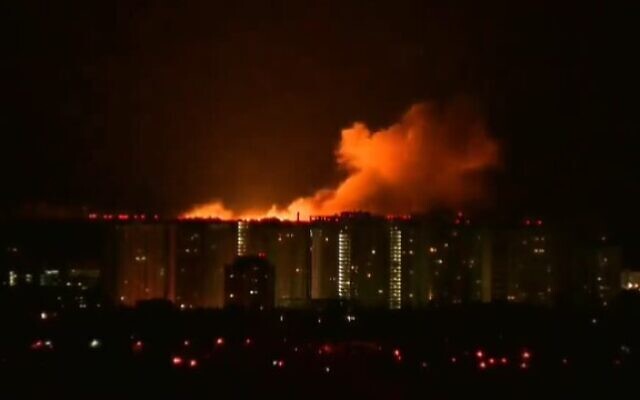 A large explosion is seen in Kyiv on February 28, 2022. (Screencapture/Twitter)