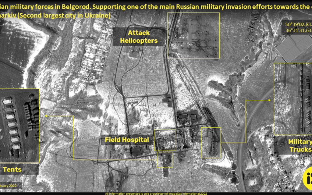 A satellite photo provided by ImageSat International (ISI) shows Russian troops deployed in the city of Belgorod, on February 24, 2022. (Courtesy of ISI)