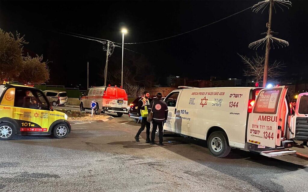 First responders at the scene of a possible ramming attack in the Sheikh Jarrah neighborhood of East Jerusalem, February 13, 2022. (MDA)