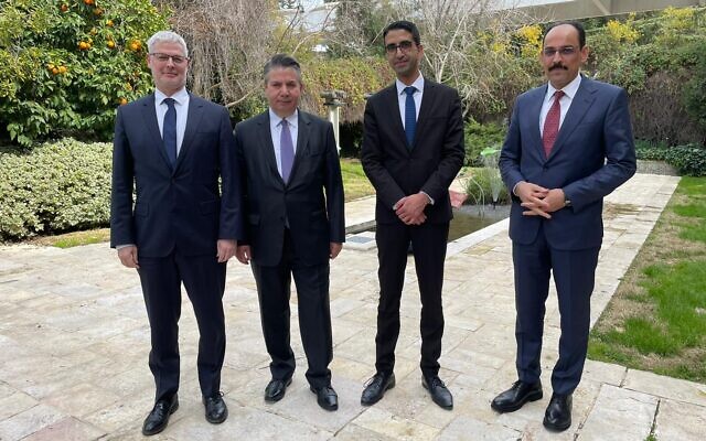 Turkish and Israeli officials meet in Jerusalem on February 17, 2022, to prepare for President Isaac Herzog's upcoming visit to Turkey. From left Foreign Ministry Director-General Alon Ushpiz, Turkish Deputy Foreign Minister Sadat Onal, head of the President’s Office Eyal Shviki and Senior Adviser to the Turkish President İbrahim Kalın (Courtesy)