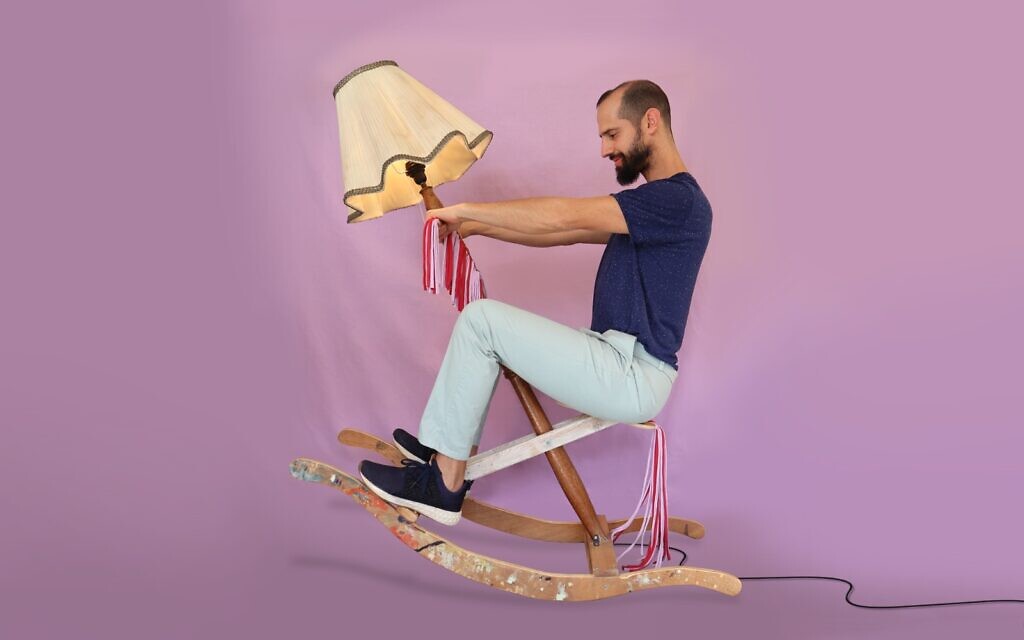 Yotam Shifroni on his 'Sees & Soos' rocking horse, part of the 'Very Mature' exhibit in Holon, opening February 19, 2022 (Courtesy Studio Knob)