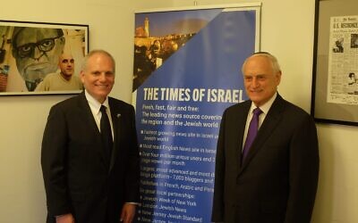 The Conference of Presidents of Major American Jewish Organizations CEO William Daroff (left) and executive vice president Malcolm Hoenlein at The Times of Israel offices in Jerusalem, on February 14, 2022. (Times of Israel)