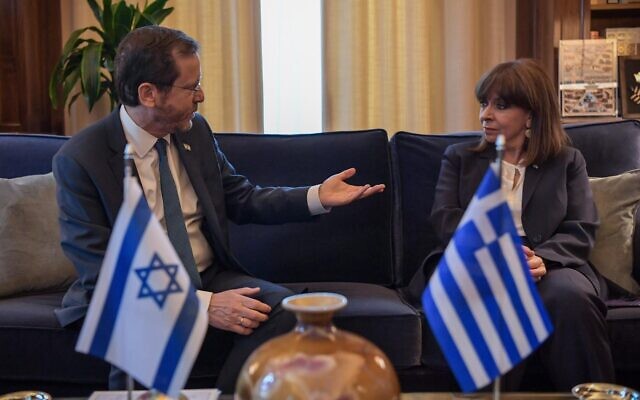 President Isaac Herzog meets in Athens with Greek President Katerina Sakellaropoulou, on February 24, 2022. (Kobi Gideon/GPO)