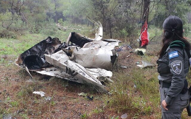 The scene of a light aircraft crash near Mevo Beitar, near Jerusalem, on February 26, 2022. (Israel Police)