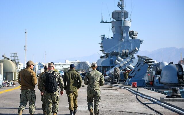 Illustrative: American and Israeli sailors walk through the Israeli Navy's base in Eilat during a US-led naval exercise, IMX, in February 2022. (Israel Defense Forces)