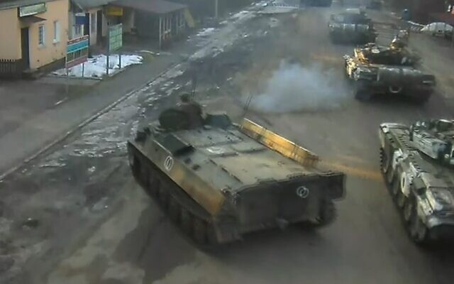 Russian military vehicles enter Ukraine, on February 24, 2022. (Video screenshot)