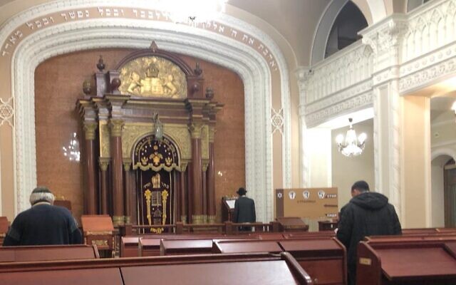 Jews pray at Kyiv’s Brodsky synagogue, February 15, 2022 (Lazar Berman/Times of Israel)