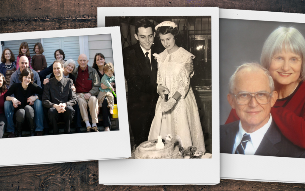 Mark and Felice Feldstein with their family, on their wedding day in 1955 and later in life. (Courtesy Mark Feldstein; collage by Mollie Suss)