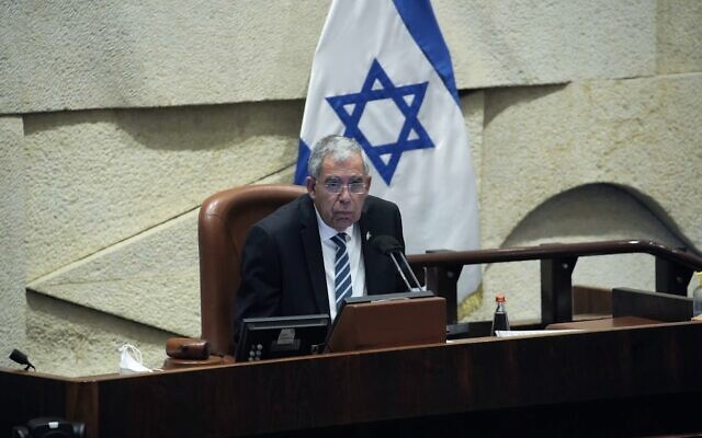 Knesset Speaker Mickey Levy at the Knesset in Jerusalem, February 16, 2022 (Knesset/GPO)