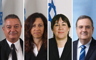 Newly appointed Supreme Court justices, from L-R: Khaled Kabub, Ruth Ronnen, Gila Kanfi-Steinitz, and Yechiel Kasher. (JUDICIAL AUTHORITY, TOMER JACOBSON)
