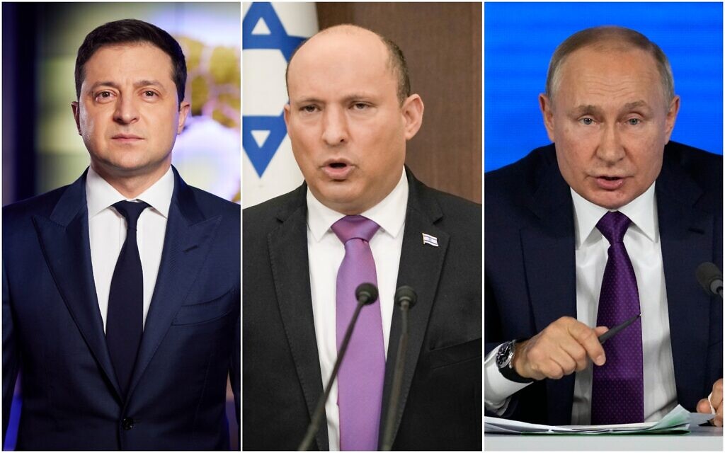 Ukrainian President Volodymyr Zelensky; Prime Minister Naftali Bennett; and Russian President Vladimir Putin. (Composite/AP)
