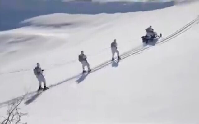 A screenshot from a Hezbollah video in the snow released on February 15, 2022. (Screenshot)