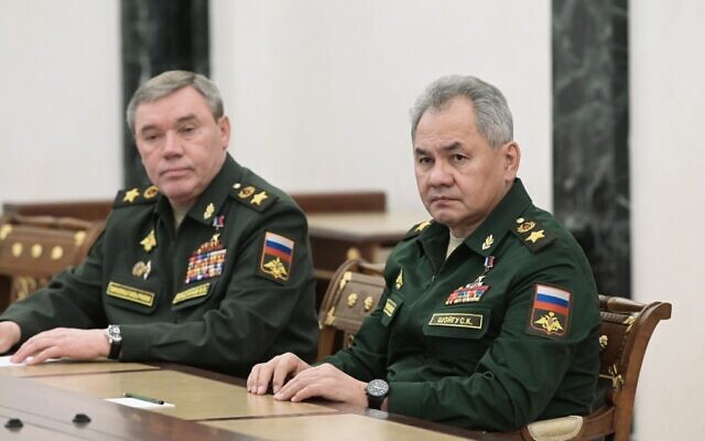Russian Defence Minister Sergei Shoigu (right) and chief of the general staff Valery Gerasimov attend a meeting with Russian President in Moscow, on February 27, 2022. (Alexey Nikolsky/Sputnik/AFP)
