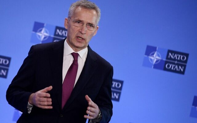 NATO Secretary-General Jens Stoltenberg speaks to the media prior to the start of a foreign ministers' meeting following Russia's invasion of Ukraine, at the Alliance's headquarters in Brussels, on March 4, 2022. (Oliver Doulirey/Pool/AFP)