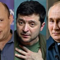This combination of file pictures created on March 6, 2022, Prime Minister Naftali Bennett (L, Ukrainian President Volodymyr Zelensky (C) and Russian President Vladimir Putin. (Various sources/AFP)