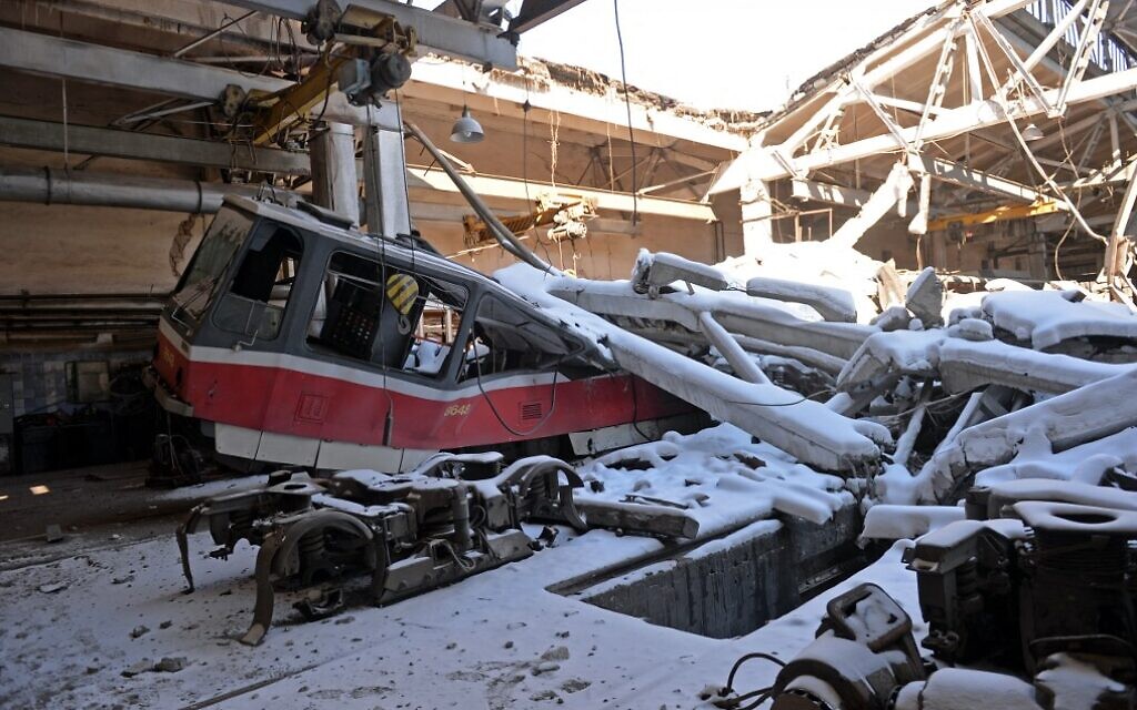 This photo taken on March 12, 2022, shows a destroyed tram depot in Kharkiv. (Sergey Bobok/AFP)