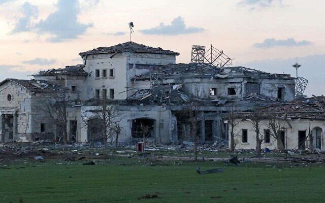 A damaged mansion is shown following an overnight Iranian missile attack in Erbil, the capital of the northern Iraqi Kurdish autonomous region, on March 13, 2022. (Safin Hamed/AFP)