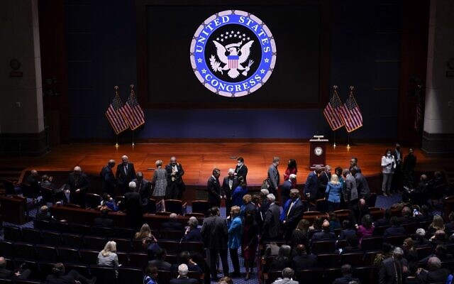 US Congress members arrive at the US Capitol Visitor Center Congressional Auditorium, in Washington, DC, to hear a virtual address by Ukraines President Volodymyr Zelensky, on March 16, 2022. (J. Scott Applewhite / POOL / AFP)