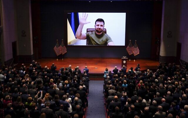 Ukrainian President Volodymyr Zelensky virtually addresses the US Congress on March 16, 2022, at the US Capitol Visitor Center Congressional Auditorium, in Washington, DC. (J. Scott Applewhite / POOL / AFP)