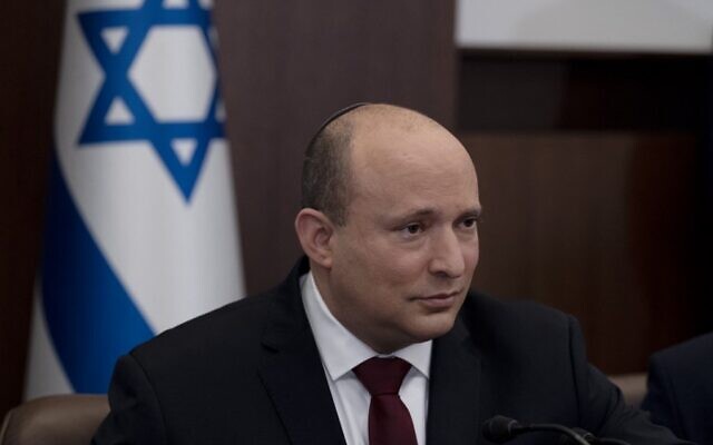 Prime Minister Naftali Bennett holds a weekly cabinet meeting in Jerusalem, on March 20, 2022. (Maya Alleruzzo/Pool/AFP)